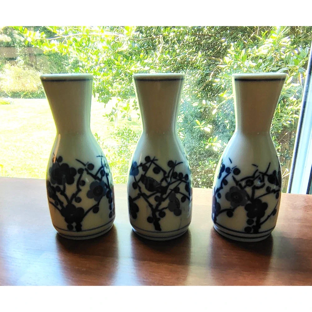 (3) Vtg Japanese Sake Bottle Decanter Vase Blue Porcelain Bamboo Cherry Blossoms